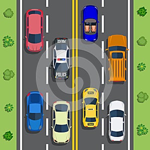 Highway traffic with top view cars