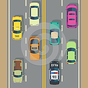 Highway traffic with top view cars and trucks street vector