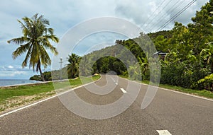 Highway on tropical island. Coastal road in the afternoon. Empty road by the seaside.