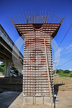 The Highway Under Construction, Concrete bridge pier with the visible traces of the framework in the bridge construction site