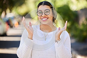 Hijab, muslim and portrait of a woman in a park laughing feeling happy for religion on holiday or vacation for freedom