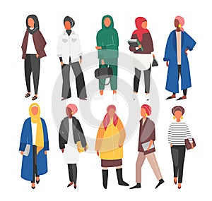 Hijab Muslim Woman set. Covered arab islamic fashion. Vector people.