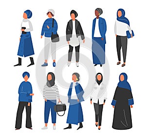 Hijab Muslim Woman set. Covered arab islamic fashion. Vector people.