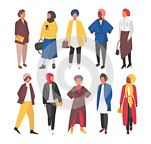 Hijab Muslim Woman set. Covered arab islamic fashion. Vector people.