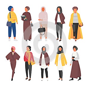 Hijab Muslim Woman set. Covered arab islamic fashion. Vector people.