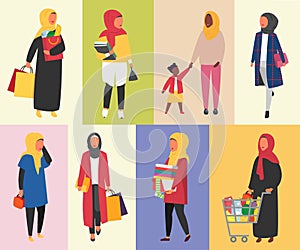 Hijab Muslim Women daily routine vector illustration