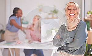 Hijab, senior business manager and woman portrait of a muslim ceo happy about office teamwork. Proud web marketing