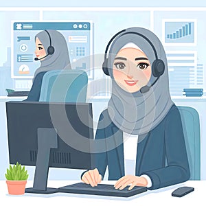 hijab woman as costumer service operator hotline technical support sitting in office room on front laptop flat design illustration