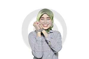 Hijab women hand in chain isolated on white background