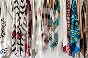 hijabs with geometric designs hanging orderly on a wallmounted rack