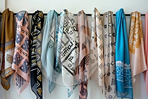 hijabs with geometric designs hanging orderly on a wallmounted rack