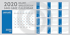 1441-1442 Hijri Calendar and Gregorian calendar year 2020. Week starts from Sunday photo
