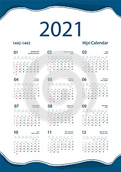 Hijri islamic calendar 2021. From 1442 to 1443 vector celebration template with week starting on sunday on simple photo