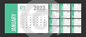 Hijri islamic and gregorian calendar 2023. From 1444 to 1445 vector celebration template. Week starting on sunday. Ready photo