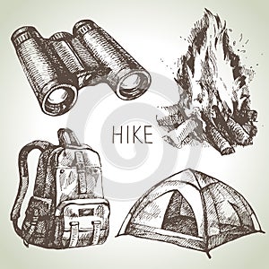 Hike and camping tourism hand drawn set. Sketch design elements