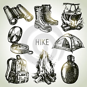 Hike and camping tourism hand drawn set. Sketch design elements