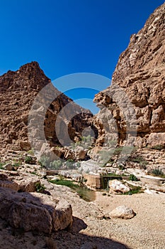 Hike through narrow valley of Wadi Shab in Tiwi near Mascat in Oman photo