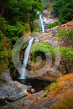 Hiker admires Mae Pan Waterfall Doi Inthanon