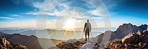 Hiker admiring breathtaking view of mountain peaks during sunrise, adventure and exploration