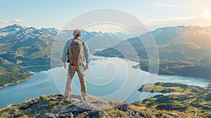 Hiker Admiring Panoramic Mountain Lake View at Sunrise photo