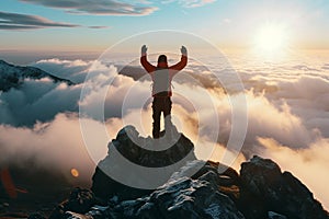 Hiker with arms up standing on the top of the mountain Successful man enjoying triumph