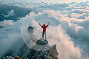 Hiker with arms up standing on the top of the mountain Successful man enjoying triumph