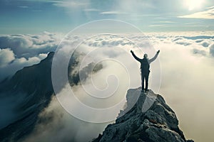 Hiker with arms up standing on the top of the mountain Successful man enjoying triumph