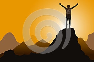 Hiker with arms up standing on the top of the mountain - Successful man enjoying triumph - Sport and success concept