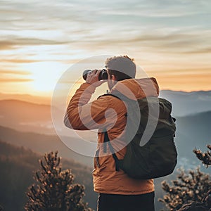 Hiker with backpack and binoculars looking at the mountains.