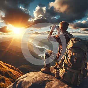Hiker with backpack and binoculars sits on the edge of a cliff and looks into the distance.
