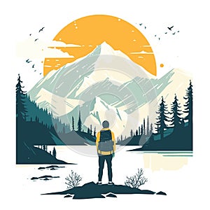 Hiker with backpack standing on a rock and looking at the mountains. Vector illustration.