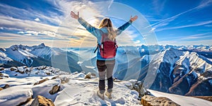 Hiker with backpack standing on top of a mountain and enjoying the view. AI generated