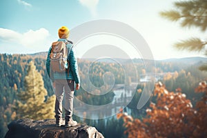 hiker with backpack standing at a viewpoint in the forest