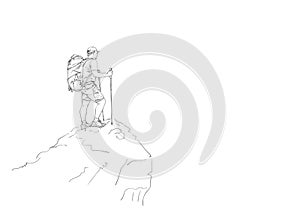 Hiker with backpack on top of mountain Hand drawn linear vector illustration, Trekking man simple sketch