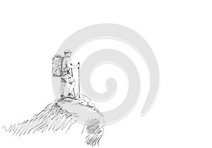 Hiker with backpack on top of mountain Hand drawn vector illustration with space for text, Trekking man