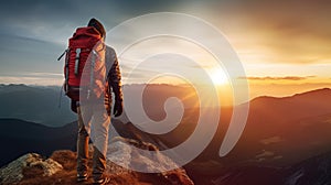 Hiker with a backpack on the top of a mountain at sunset.