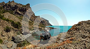 Hiker on beauty landscape Crimea background