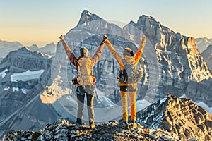 Hiker celebrating success on top of a mountain, generated ai