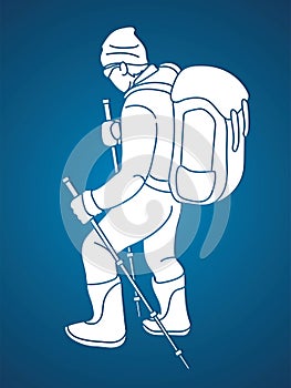 Hiker climbing mountain hiking cartoon graphic vector