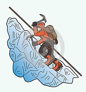 Hiker climbing mountain hiking cartoon graphic vector