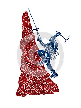 Hiker climbing mountain hiking cartoon graphic vector