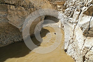 Hiker Cooling Off in a Winter Rainpool in the Makhtesh Ramon Crater in Israel