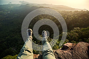 Hiker enjoy the view hiking on mountain peak