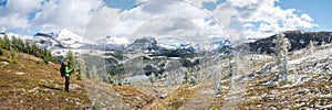 Hiker enjoying view on beautiful alpine valley with fresh snow, panorama, Mt Assiniboine PP, Canada