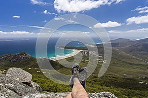 Hiker enjoying the view from the summit of Mount Oberon at Wilsons Promontory