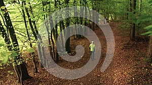 Hiker enjoying a walk at the edge of a green forest