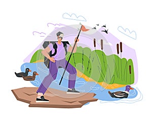 Hiker explores the nature through tourist travel flat vector isolated