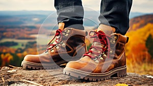 Hiker exploring mountain landscape in macro boots of hiking adventure nature outdoors sport panorama