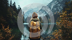 Hiker Gazing at Autumn Forest and Snowy Mountains