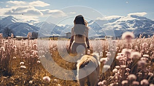 A hiker girl with her dog in the field. Flowers in the nature, blooming season, sun, spring colors.